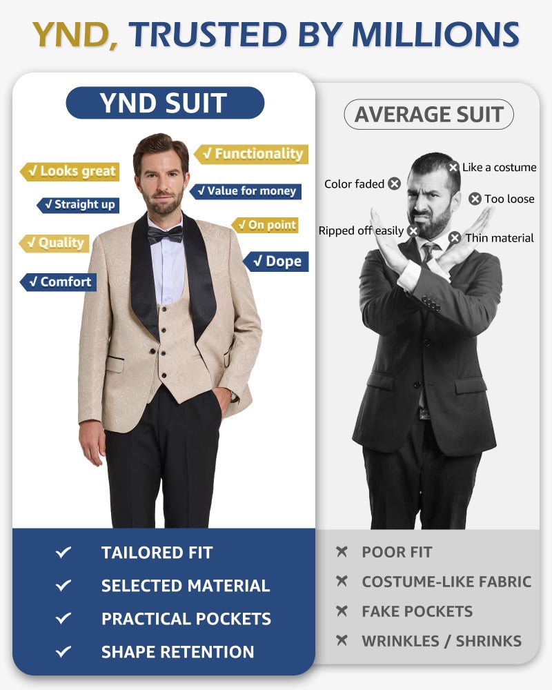 YND طقم توكسيدو فاخر للرجال من YND مكون من 3 قطع، جاكيت برباط واحد بتصميم جاكار، سترة ضيقة الساق وبنطلون، توكسيدو متميز للرجال، بيج - Image 5